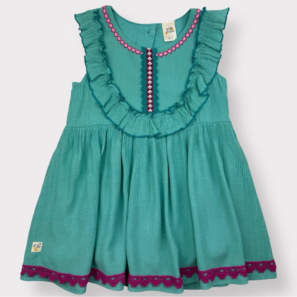 Sz 8 Wildflowers Jasmine Top teal turquoise with plum trim blouse tunic